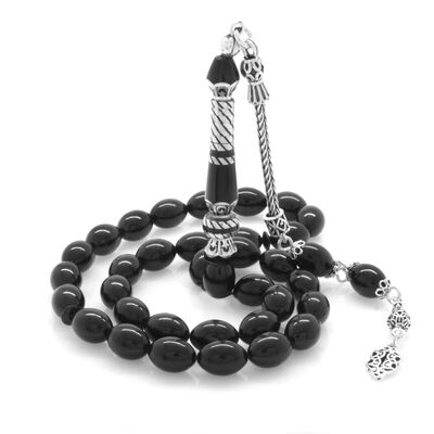 925 Sterling Silver With Tassels Silver Nakkaş Decorated Black Tightened Amber Rosary - 3