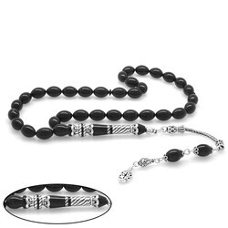 925 Sterling Silver With Tassels Silver Nakkaş Decorated Black Tightened Amber Rosary - 4