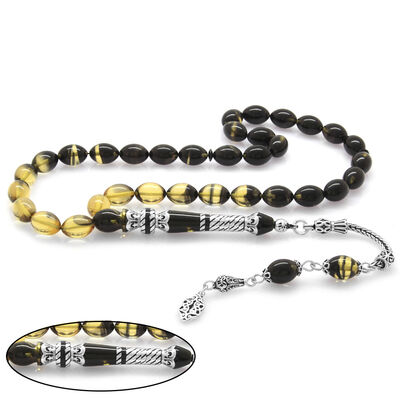 925 Sterling Silver With Tassels Silver Nakkaş Decorated Filter Black And White Fire Amber Rosary - 1