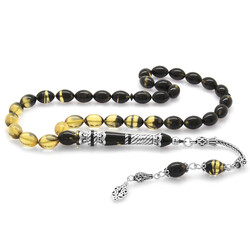 925 Sterling Silver With Tassels Silver Nakkaş Decorated Filter Black And White Fire Amber Rosary - 2