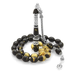 925 Sterling Silver With Tassels Silver Nakkaş Decorated Filter Black And White Fire Amber Rosary - 3