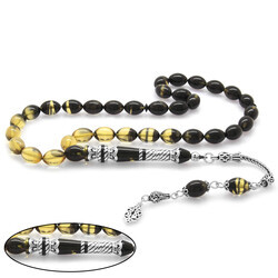 925 Sterling Silver With Tassels Silver Nakkaş Decorated Filter Black And White Fire Amber Rosary - 4