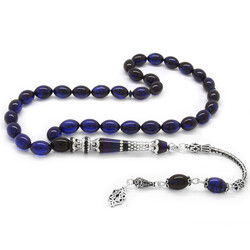 925 Sterling Silver With Tassels Silver Nakkaş Decorated Filter Blue-Black Amber Rosary - Thumbnail