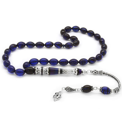 925 Sterling Silver With Tassels Silver Nakkaş Decorated Filter Blue-Black Amber Rosary