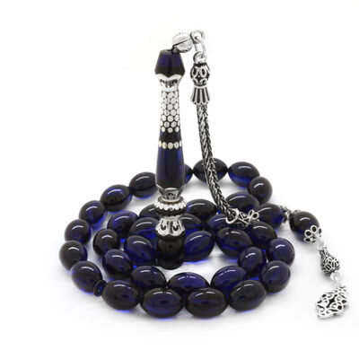 925 Sterling Silver With Tassels Silver Nakkaş Decorated Filter Blue-Black Amber Rosary