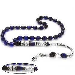 925 Sterling Silver With Tassels Silver Nakkaş Decorated Filter Blue-Black Amber Rosary - Thumbnail