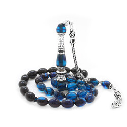 925 Sterling Silver With Tassels Silver Nakkaş Decorated Filter Turquoise Black Fire Amber Rosary - Thumbnail