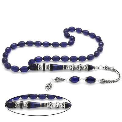 925 Sterling Silver With Tassels Silver Nakkash Minaret With Navy Blue Jewelry With Tied Amber Rosary - 1
