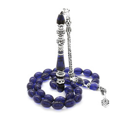 925 Sterling Silver With Tassels Silver Nakkash Minaret With Navy Blue Jewelry With Tied Amber Rosary - 2