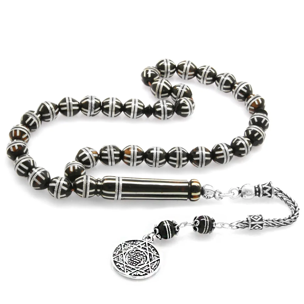 925 Sterling SilverTasseled White Enamel Filled Silver Spiral Sphere Cut Kuka Rosary - 1