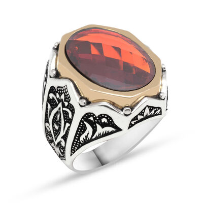 926 Sterling Silver Mens Ring Engraved Red Agate Anchor