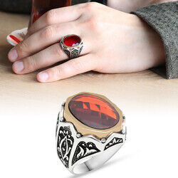 926 Sterling Silver Mens Ring Engraved Red Agate Anchor