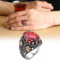 927 Sterling Silver Mens Ring With Gift Box And Dots Embroidered Sultanite Stone - Thumbnail