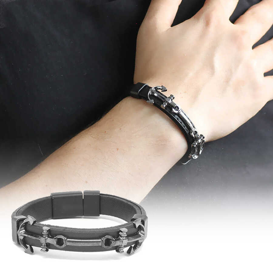 Anchor Design Men's Black Steel And Leather Combination Bracelet