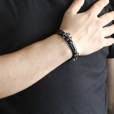 Anchor Design Men's Black Steel And Leather Combination Bracelet