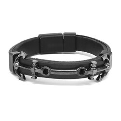 Anchor Design Men's Black Steel And Leather Combination Bracelet - Thumbnail