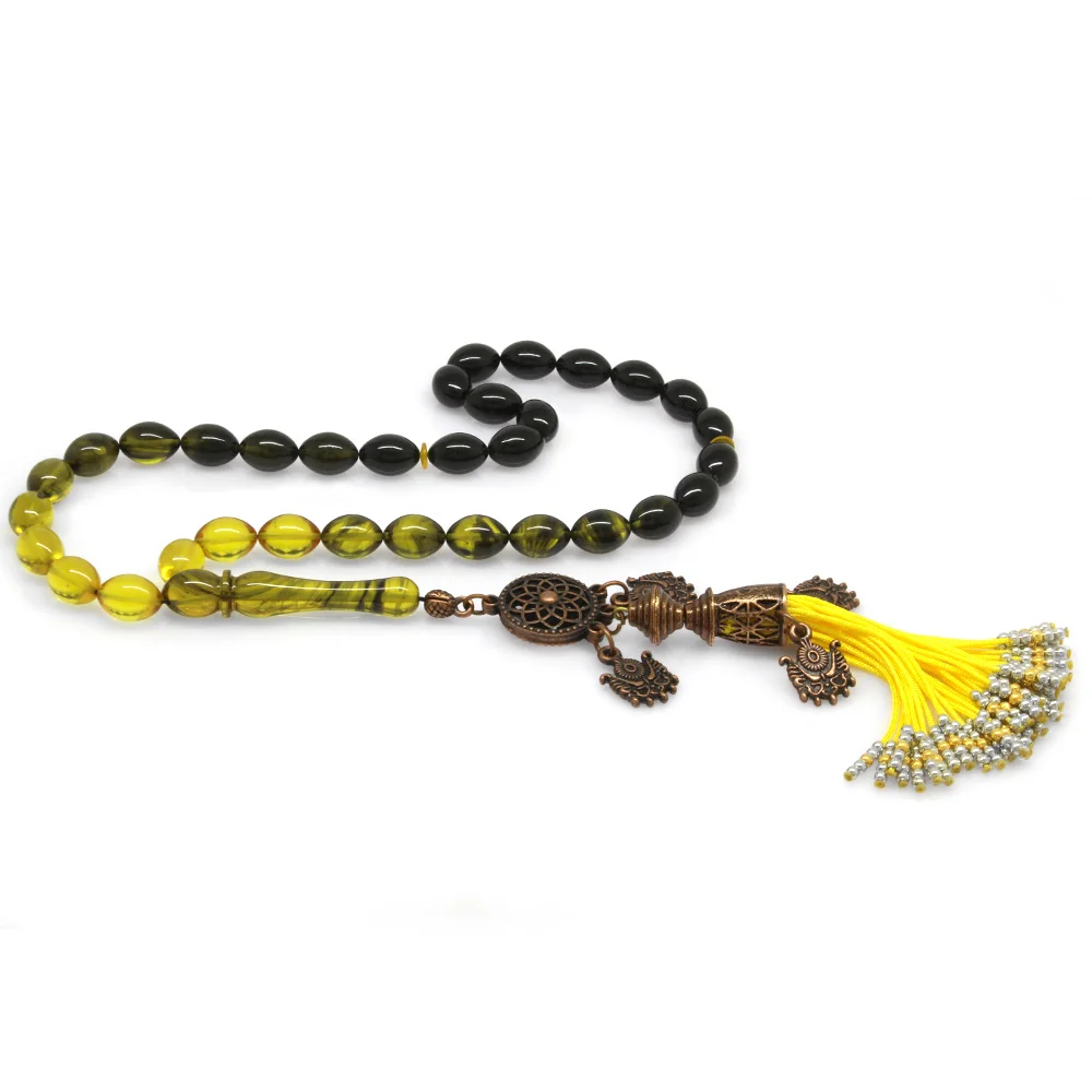 Antique Copper Ottoman Palace Tasseled Barley Cut Strained Yellow-Black Fire Amber Rosary - 1