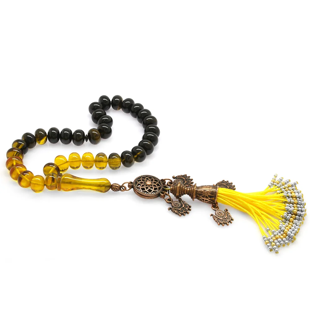 Antique Copper Ottoman Palace Tasseled Wheel Cut Strained Yellow-Black Fire Amber Rosary - 1