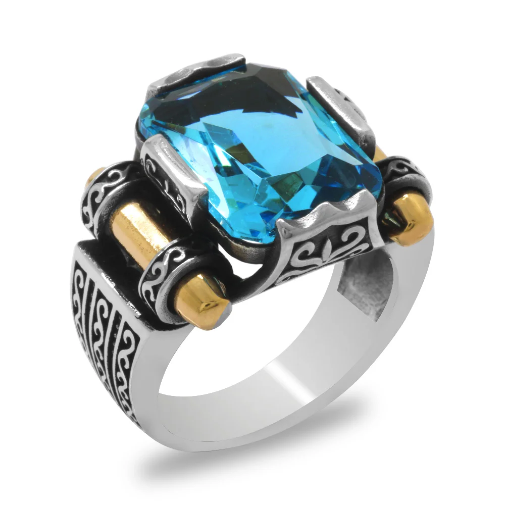 Aqua Baguette Stone Avangarde Design 925 Sterling Silver 
