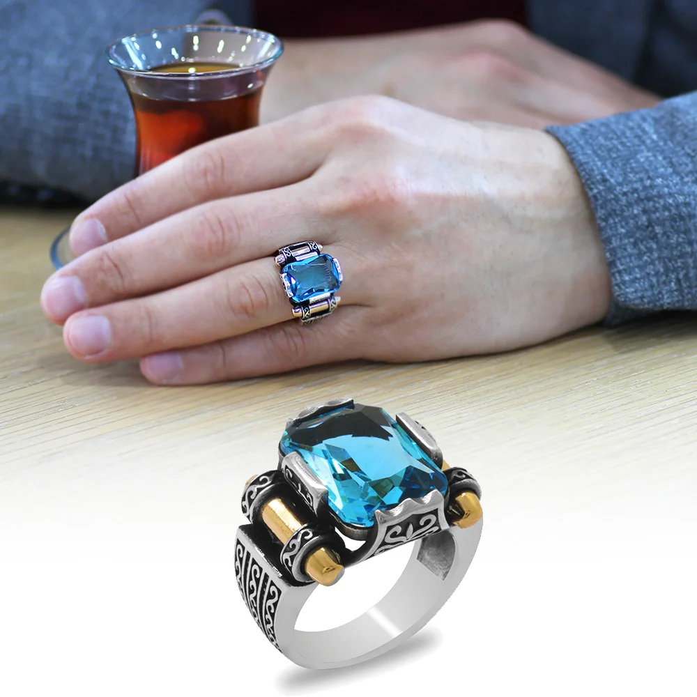 Aqua Baguette Stone Avangarde Design 925 Sterling Silver 
