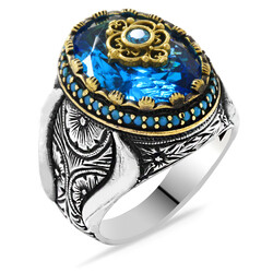 Aqua Cut Blue Zircon Stone Micro Stone 925 Sterling Silver Mens Ring - Thumbnail
