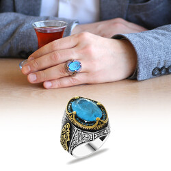 Aqua Paraiba Soft Stone 925 Sterling Silver Mens Ring - 1