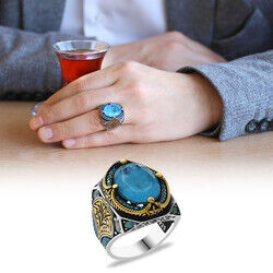 Aqua Paraiba Stone Edged Pen Workmanship Detailed 925 Sterling Silver Mens Ring - 3