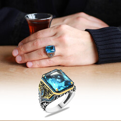 Aqua Zircon Stone Micro Zircon Stone 925 Sterling Silver Beveled Mens Ring - 1