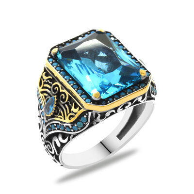 Aqua Zircon Stone Micro Zircon Stone 925 Sterling Silver Beveled Mens Ring - 2