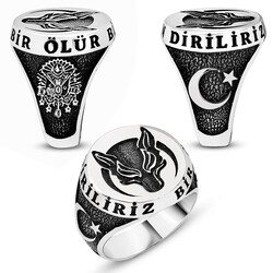 Ayyildiz 925 Sterling Silver Embroidered Wolf Motif Ring - Thumbnail