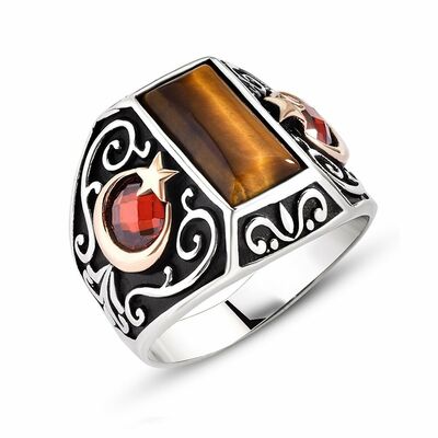 Ayyildiz 925 Sterling Silver Tiger Eye Embroidery Mens Ring - 1