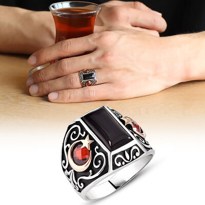 Ayyildiz Mens 925 Sterling Silver Black Onyx Embroidery Ring - 1