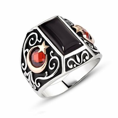 Ayyildiz Mens 925 Sterling Silver Black Onyx Embroidery Ring - 3