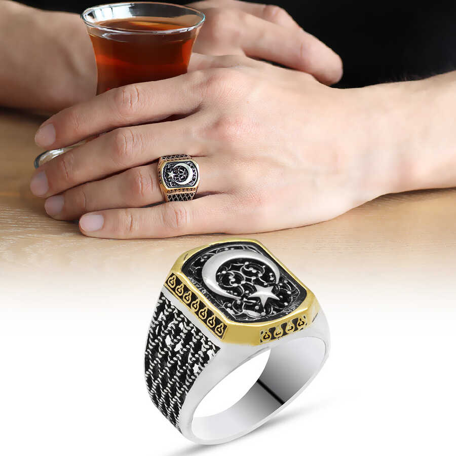 Ayyildiz Motif 925 Sterling Silver Mens Ring With Diamond Design