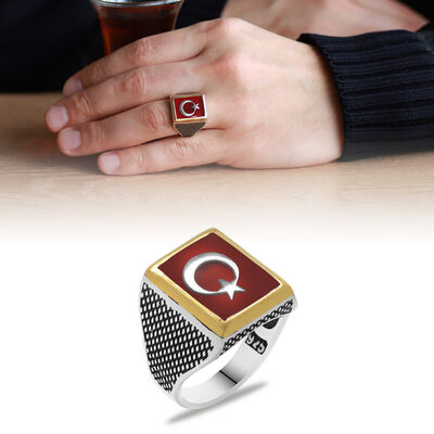 Teşkîlât-I Mahsûsa' Ring With Ayyildiz Pattern İn Red Enamel 925 Sterling Silver - 1