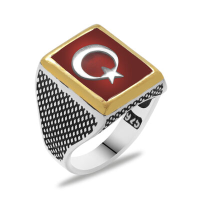 Teşkîlât-I Mahsûsa' Ring With Ayyildiz Pattern İn Red Enamel 925 Sterling Silver - 2