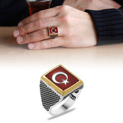 Teşkîlât-I Mahsûsa' Ring With Ayyildiz Pattern İn Red Enamel 925 Sterling Silver - 5
