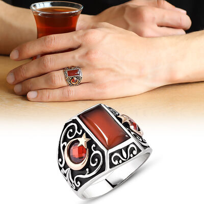 Ayyildiz Red Agate 925 Sterling Silver Embroidery Mens Ring - 1