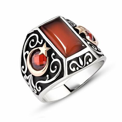 Ayyildiz Red Agate 925 Sterling Silver Embroidery Mens Ring - 3