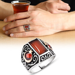 Ayyildiz Red Agate 925 Sterling Silver Embroidery Mens Ring - 4
