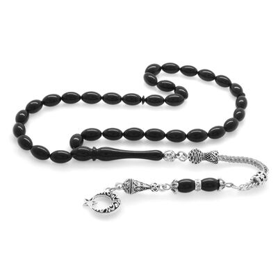 Ayyildiz Tarnish Metal Tasseled Barley Cut Black Tightened Amber Tasbih - 2