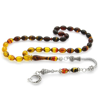 Ayyildiz Tarnish Metal Tasseled Barley Cut Filtered Bala-Black Fire Amber Tasbih - 2