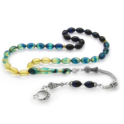 Ayyildiz Tarnish Metal Tasseled Barley Cut Filtered Blue-White Fire Amber Tasbih - 2