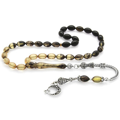 Ayyildiz Tarnish Metal Tasseled Barley Cut Filtered White-Black Fire Amber Tasbih - 2