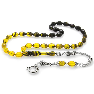 Ayyildiz Tarnish Metal Tasseled Barley Cut Filtered Yellow-Black Fire Amber Tasbih - 2