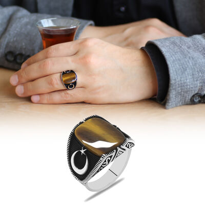 Ayyildiz Themed Tiger Eye Stone 925 Sterling Silver Men's Ring - 1