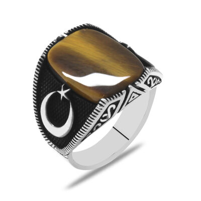 Ayyildiz Themed Tiger Eye Stone 925 Sterling Silver Men's Ring