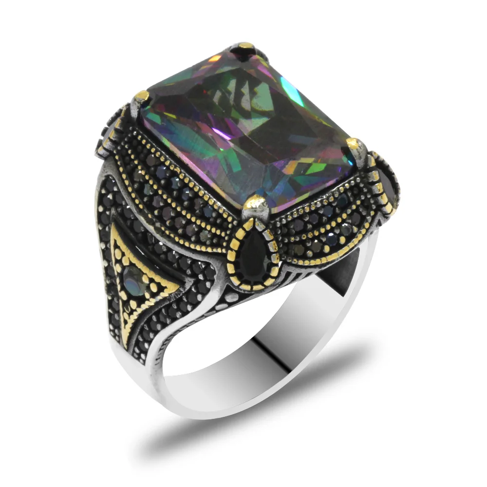 Baguette Cut Mystic Topaz Stone Black Zircon Stone Set 925 Sterling Silver Men's Ring - 3