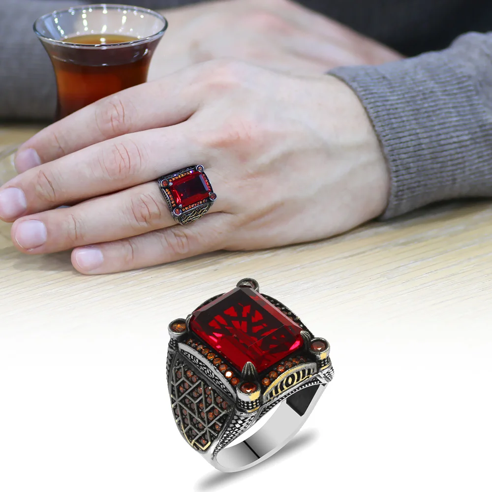 Baguette Cut Red Zircon Stone Geometric Design 925 Sterling Silver Men's Ring - 2