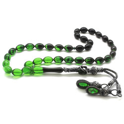 Barley With Tassels Of 1000 Ct Silver Sliced ​​With Filtered Green-Black Amber Rosary - Thumbnail